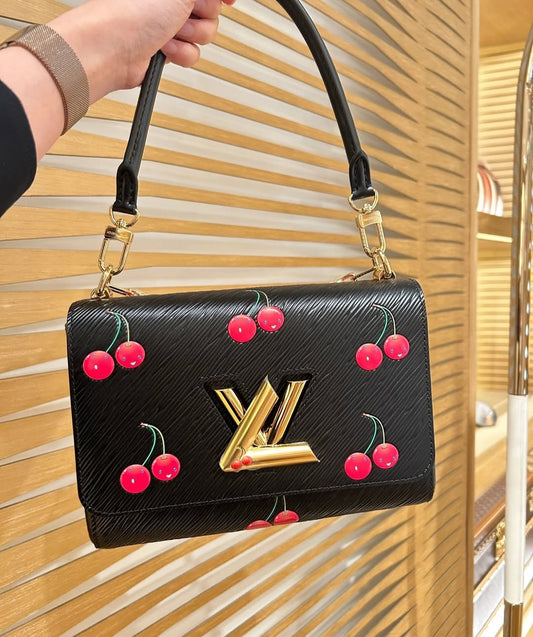 LV x TM Twist PM Bag – White Epi Leather with Cherry Motif & Gold Chain
